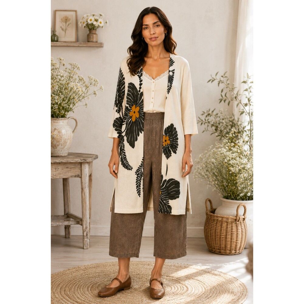 NEW Chico's Botanical Maxi Cardigan Sweater Natural Cream Womens US Size Small S